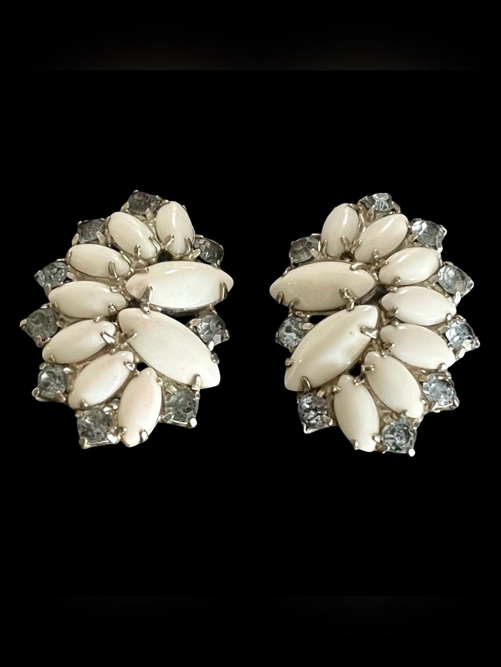Vintage Mid-Century Milk Glass And Pale Sapphire Rhinestone Clip On Earrings